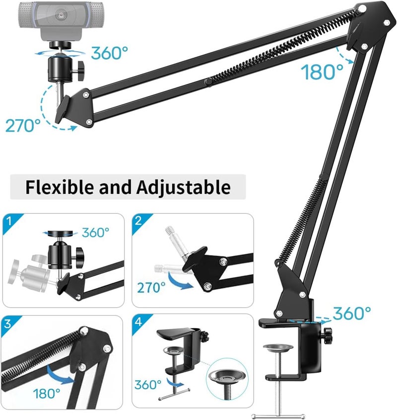 Etour Webcam Stand, Boom Arm Camera Mount Stand for Logitech Webcam BRIO 4K C920 C920S C922 C922x C925e C930 NexiGo N60, 1/4"-3/8" and 3/8"-5/8" Screw for Blue Yeti Snowball Yeti Nano and Other Mics - Image 3
